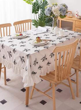 小新全棉黑清23053001绣花花卉荷叶边白褶皱美化木耳边茶几桌台布