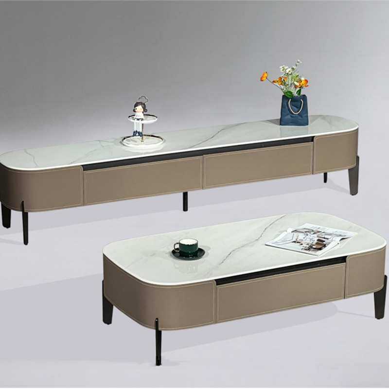 现代简约客厅家用微晶石马鞍皮茶几电视柜茶几抽屉茶几地柜组合