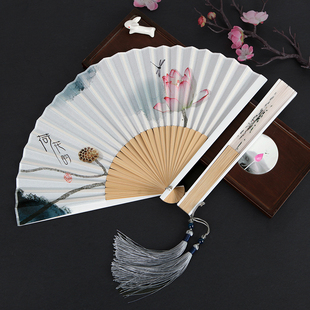 夏季扇子折扇女式古风复古中国风荷花古典随身折叠扇文创礼品扇
