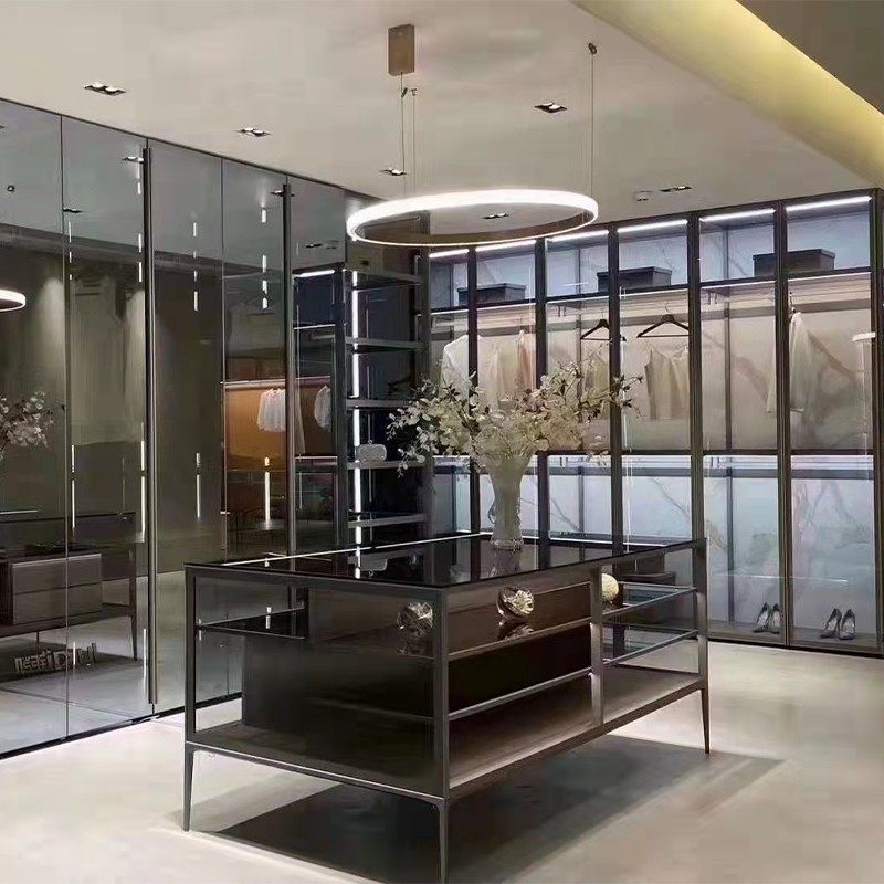 定制轻奢极简铝框玻璃柜铝框门衣帽间衣柜平开门全铝酒柜展示柜订