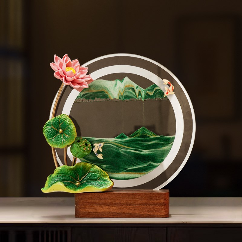 创意荷花流沙画摆件办公室客厅轻奢高级感玻璃动态解压装饰品礼物