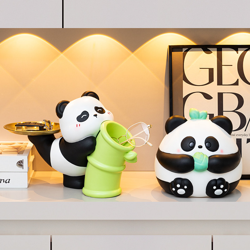 可爱熊猫文创摆件入户玄关钥匙收纳客厅桌面装饰乔迁新居实用礼物