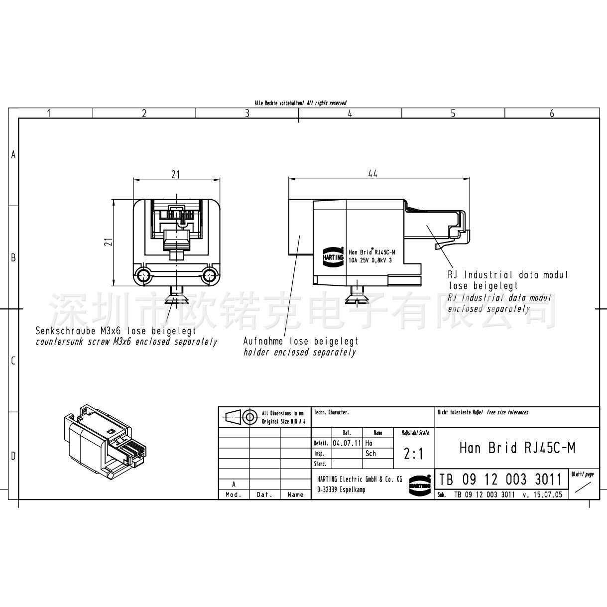 HARTING浩亭09120033011哈丁Han-Brid RJ45 C矩形连接器3 A插芯