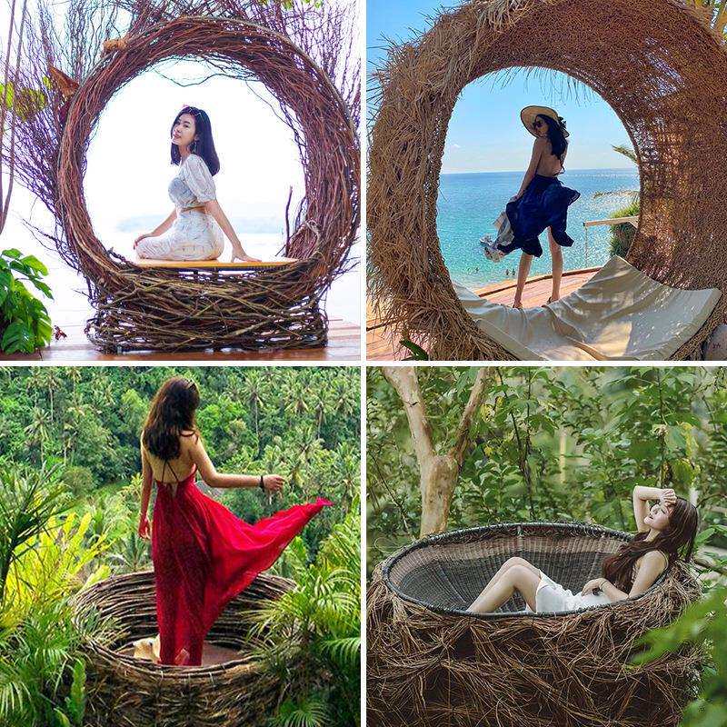 户外秋千吊椅景点打卡爱心鸟巢悬挂带灯摇摇椅悬挂式创意带灯吊篮