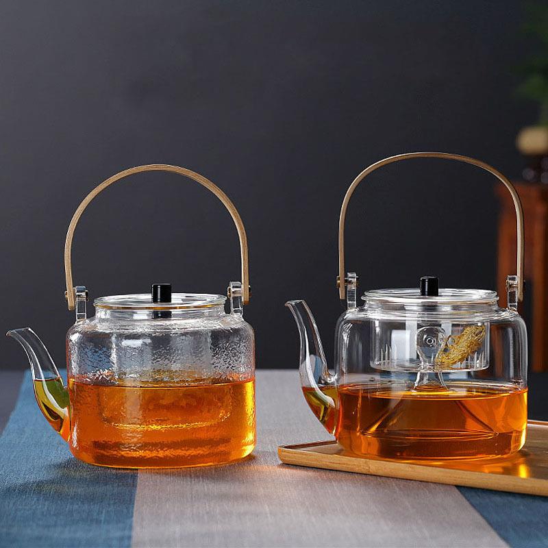 高硼硅玻璃茶壶竹把提梁花草茶壶可电陶炉加热煮茶壶办公室泡茶壶