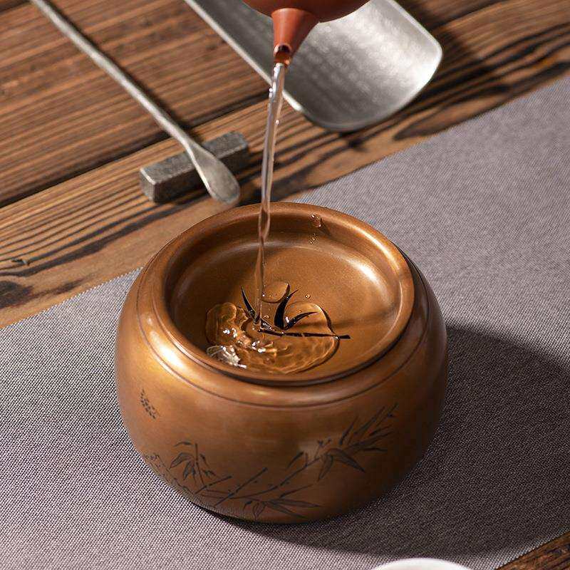 铜壶承干泡盘带盖接天莲叶大号紫铜储水茶承茶盘手工雕刻茶具