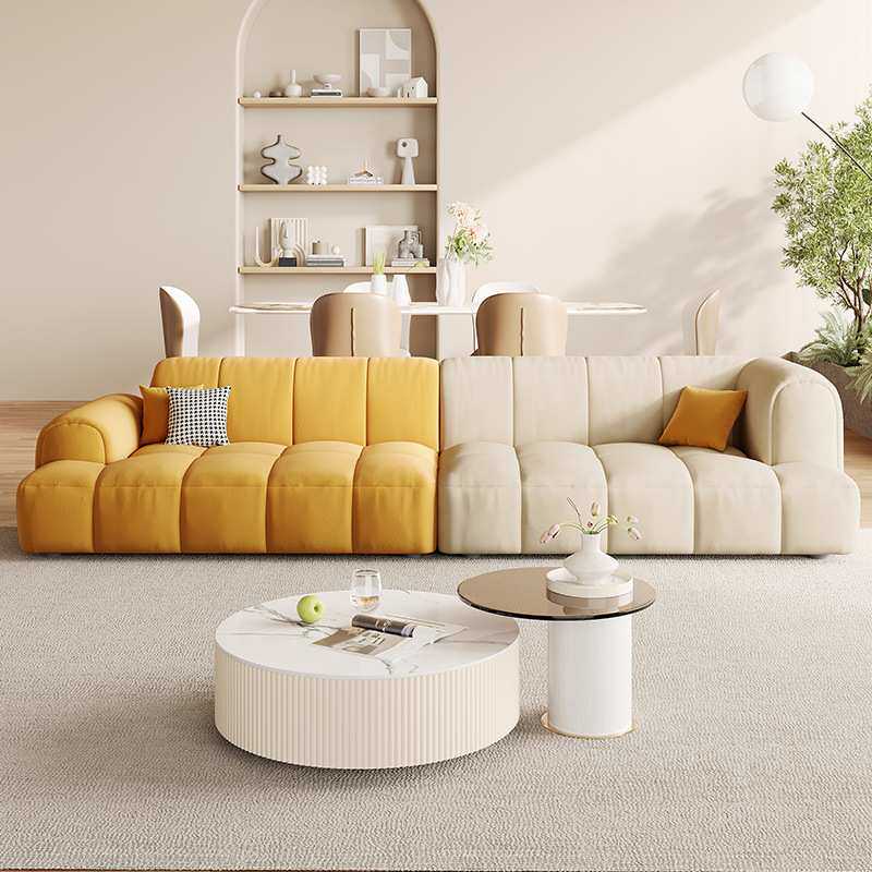 泡芙布艺沙发现代简约客厅直排小户型钢琴键豆腐块奶油猫抓布沙发