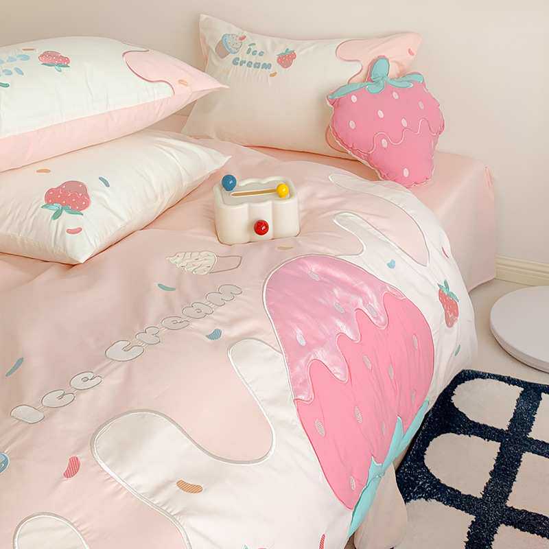 可爱女孩子裸睡水洗棉床单四件套纯棉被套小草莓儿童新款床上用品