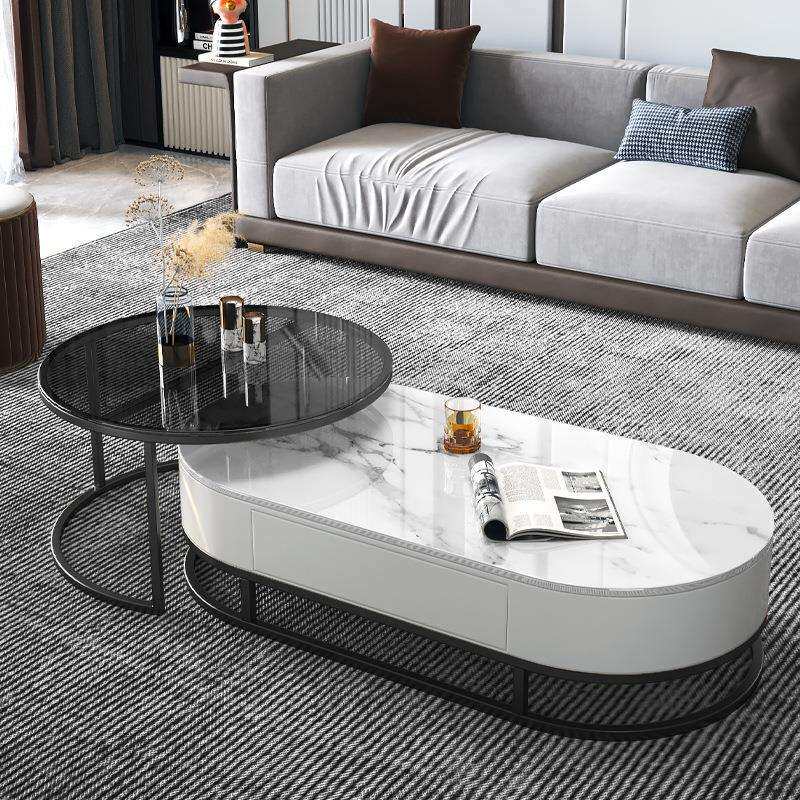 北欧轻奢岩板茶几组合现代简约椭圆形茶几家用客厅伸缩伸缩电视柜