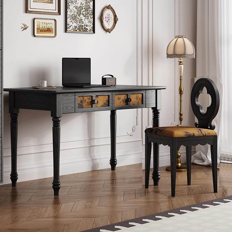 法式复古电脑桌香云纱黑色梳妆台写字桌一体美式白蜡木实木腿书桌,收纳整理,烫衣板及配件,淘宝优惠券,粉丝福利购,淘宝优惠卷