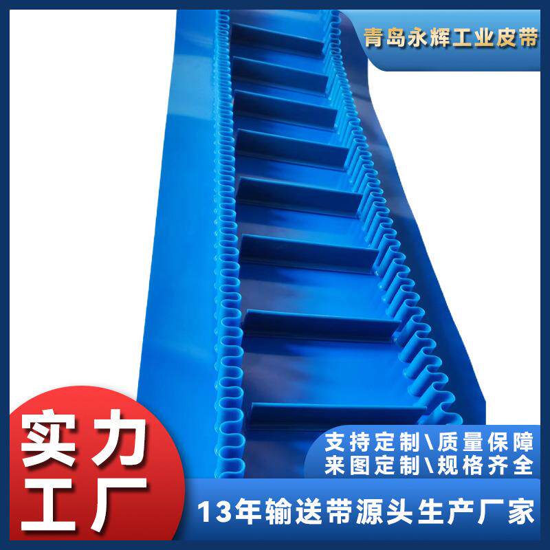 加工PVC PU蓝色输送带蓝色裙边挡板输送带提升机爬坡耐磨