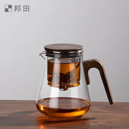 尚明飘逸杯泡茶壶磁旋一键过滤胡桃木简易泡茶全玻璃内胆茶壶