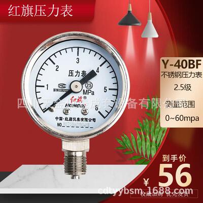 红旗不锈钢压力表Y-40BF径向水压油压气压表抗震压力表1.6MPa