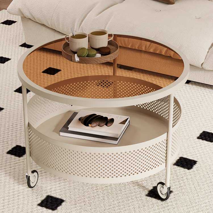 法式奶油风玻璃茶几小户型客厅家用现代简约可移动带轮小圆桌网红