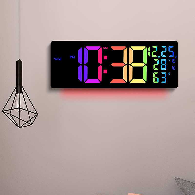 新跨境LED幻彩挂钟RGB变色客厅挂钟显示多功能闹钟大尺寸6669RGB