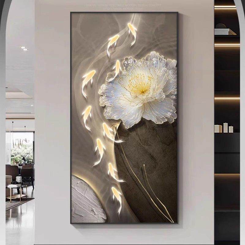 简约九鱼图入户玄关灯画装饰画轻奢大气走廊过道挂画石来运转壁画