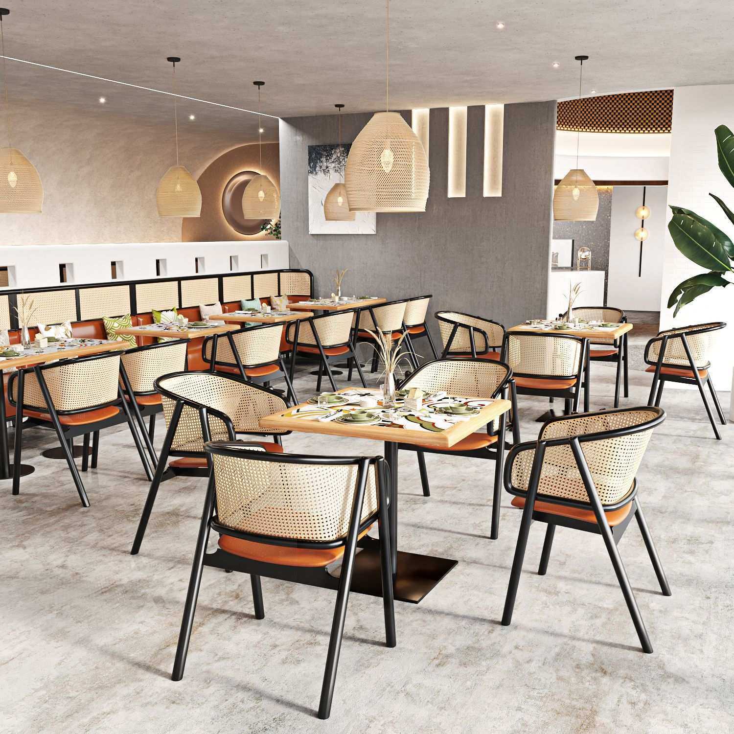 餐厅实木卡座编藤餐椅饭店东南亚咖啡厅家用长桌饭桌餐桌大理石