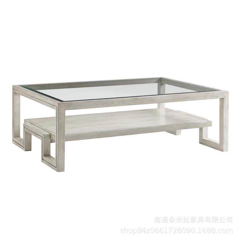 美式乡村实木雕花电视柜茶几组合白色复古做旧橡木喝茶茶几