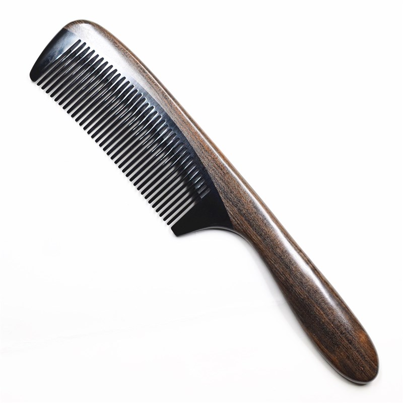 天然绿檀沉贵宝牛角拼接梳子 精品长柄按摩直发梳实用木梳子