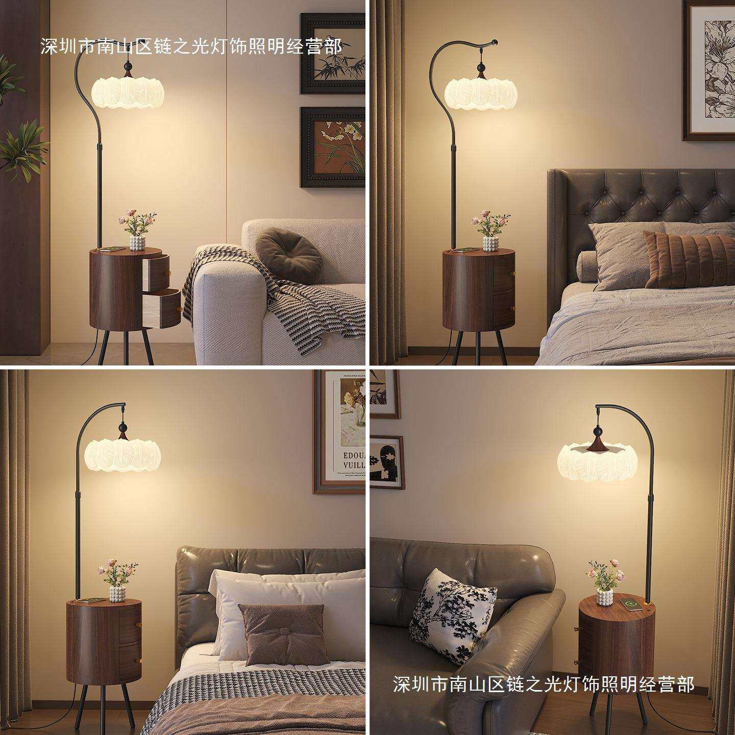 中古风落地灯法式复古胡桃木色氛围感客厅沙发旁卧室床头柜一体灯