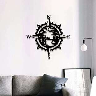 景观艺术铁艺工艺品金属铁艺森林湖泊指南针壁挂家居客厅墙上挂件