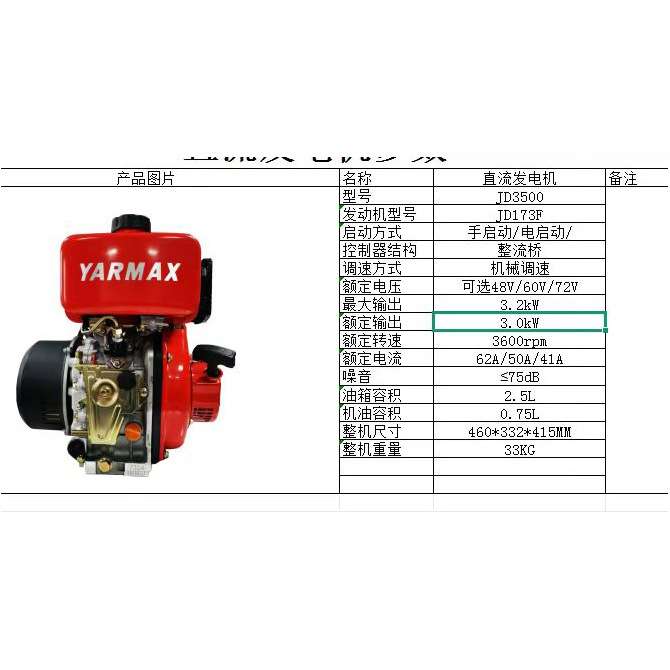 柴油增程器173F3KW发电机永磁电机手启动电启动增程续航60V72V48V