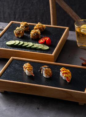 黑色岩石餐日式个意商用火锅涮菜MLP盘石板餐具烤创肉盘性盘子竹