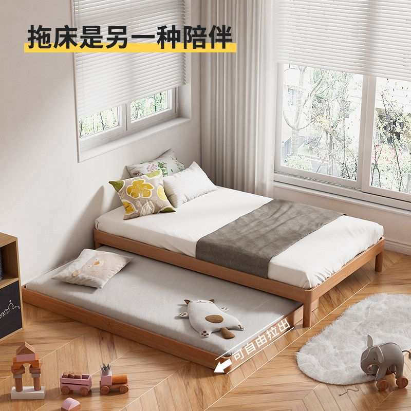 榉木隐形抽拉床儿童拼接床子母床推拉拖床实木单人升降折叠组合床