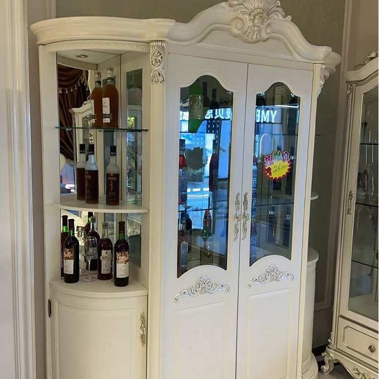 跨境欧式雕花酒柜法式靠墙奢华描金色玻璃酒柜美式家用餐柜展示柜