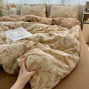 新中式复古风床上四件套原麻亚麻被套床品三件套化纤新款A类加厚5