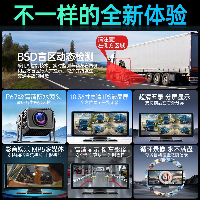 货车10寸五路六路监控BSD盲区预警声光报警24V夜视行车记录仪通用