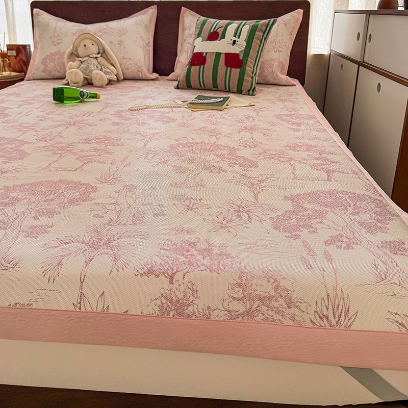 夏天冰藤席冰丝凉席床垫三件套绑带款凉感床单空调席可机洗软席子