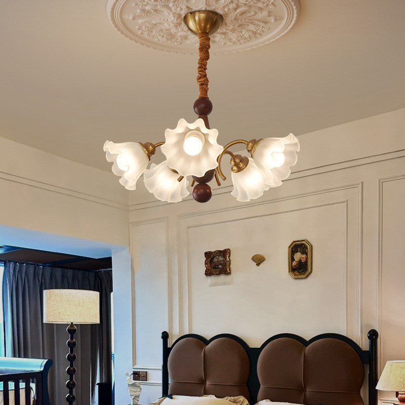 复古中古客厅艺术实木吊灯简约餐厅卧室灯法式田园日式民宿花朵灯