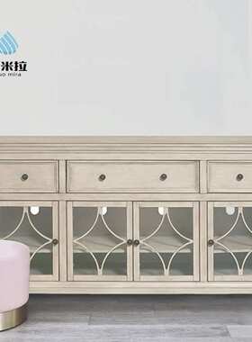 美式复古餐边柜 法式实木酒柜 白色做旧西餐厅备餐柜藏酒柜茶水柜