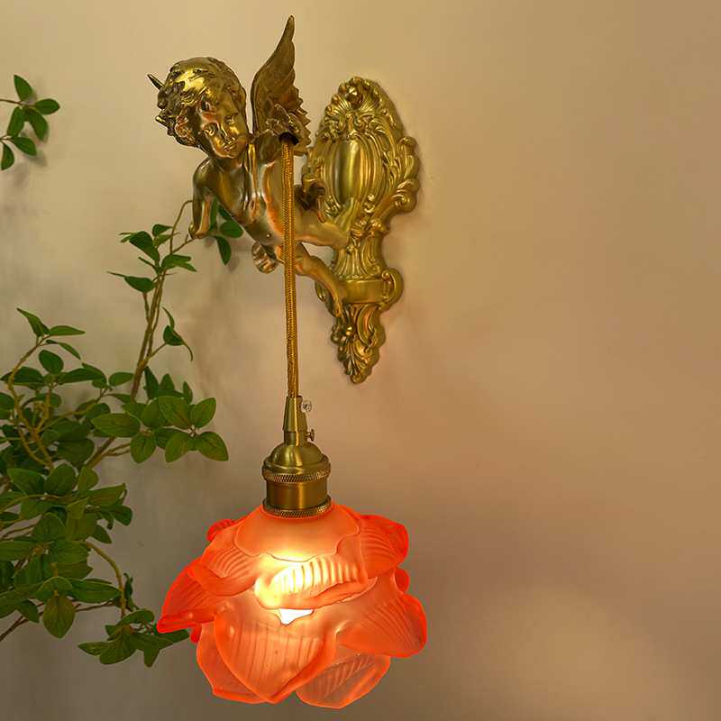 法式全铜天使壁灯中古客厅卧室书房过道墙灯美式复古轻奢水晶灯具