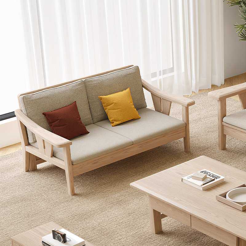 意式极简白蜡木实木沙发原木风小户型客厅冬夏两用布艺沙发椅组合