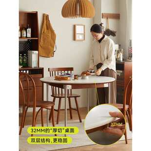 小日记意式高端实木岩板餐桌圆形带转盘家用新款中古哑光岩板圆桌