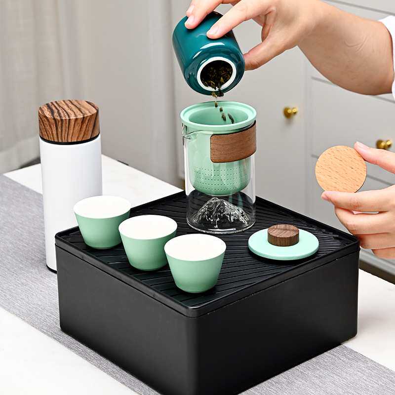 户外旅行茶具套装多功能收纳盒带茶盘保温杯防烫手抓壶功夫泡茶器