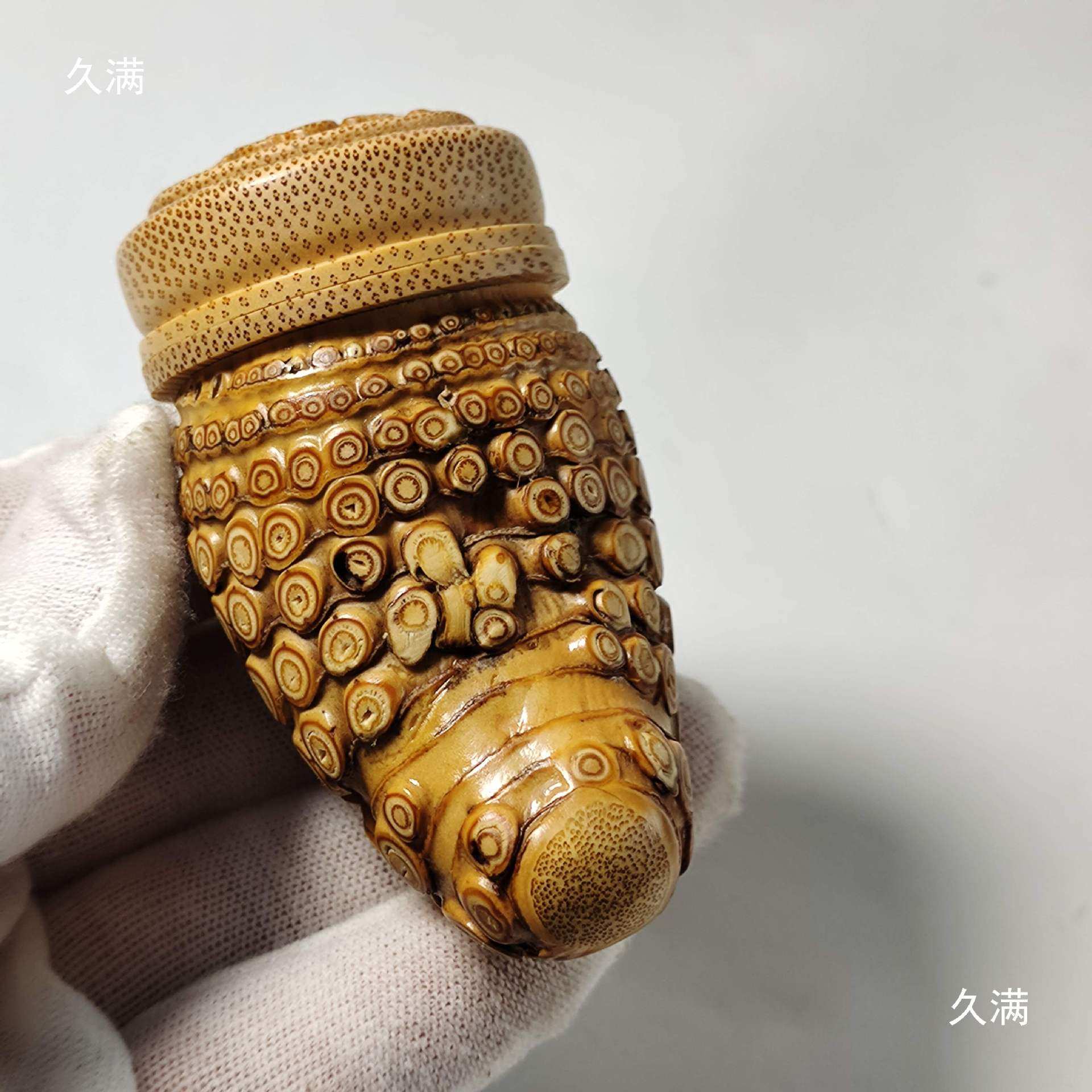竹根雕刻手把件蝈蝈罐虫具竹雕鸣虫盒竹蛉叫罐手工实心竹把件