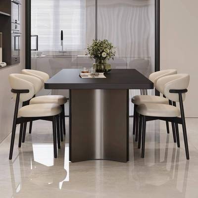 意式大户型纯黑下挂加厚岩板餐桌椅组合现代简约感长方形饭桌