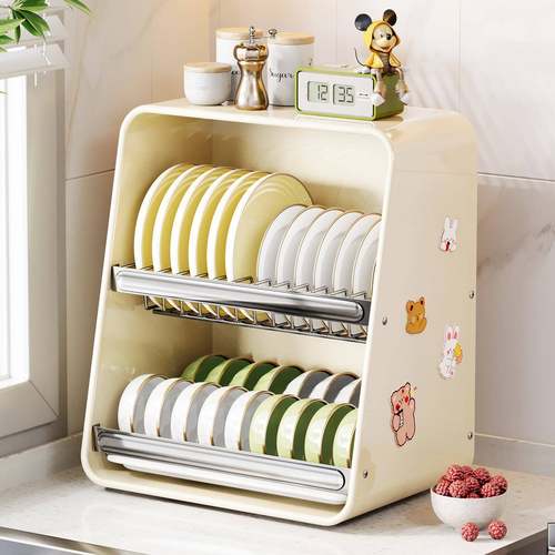 厨房台面碗架收纳柜家用双层全斜面放餐具装碗碟带沥水托盘置物架