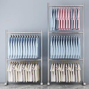 衣架落地家用双层不锈钢晾晒衣服架子挂衣架室内伸缩双杆衣帽架