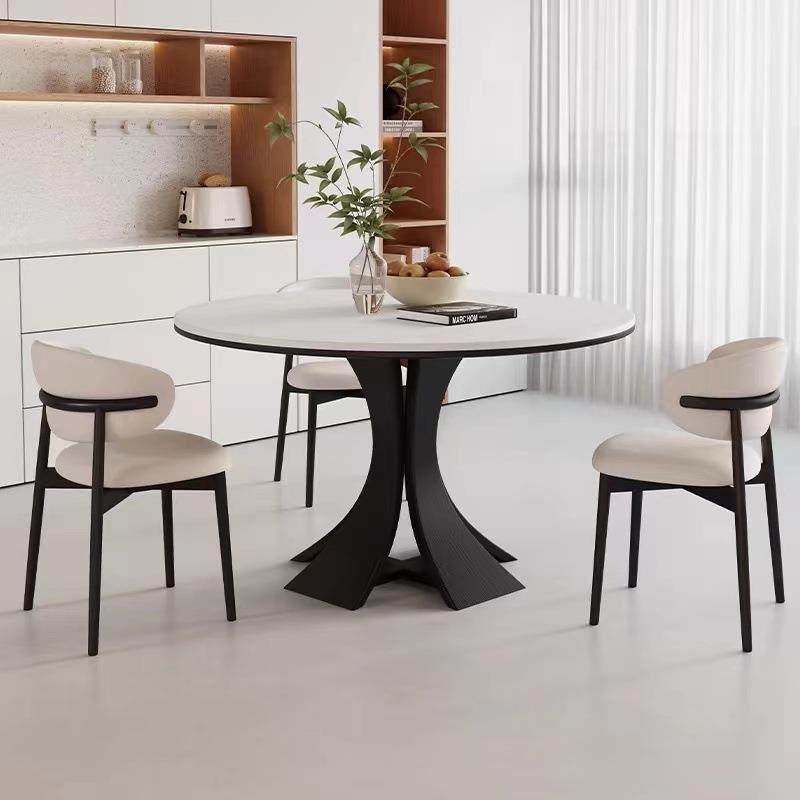 实木岩板胡桃色圆桌家用小户型复古风设计师圆形饭桌法式桌椅圆餐