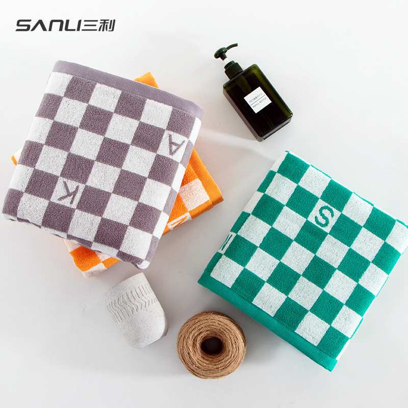 [新品]三利毛巾纯棉浴巾加大成人浴巾全棉裹澡巾棋盘格浴巾
