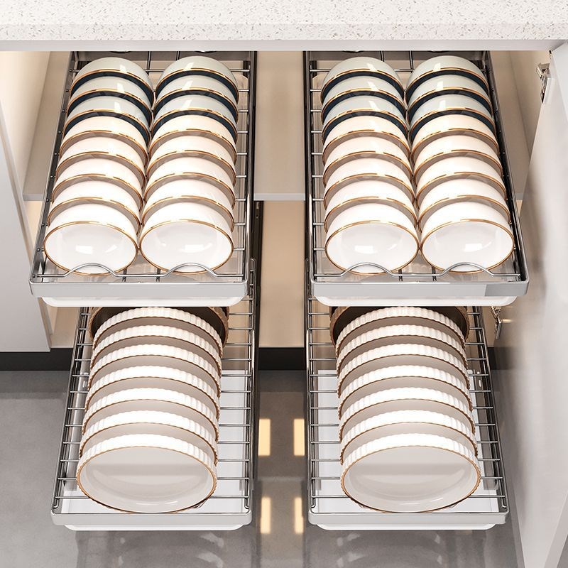 橱柜拉篮碗碟收纳架内置抽屉式放碗盘置物架抽拉篮厨房沥水碗架