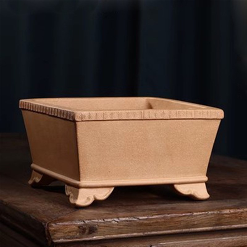 紫砂花盆正方形盆景盆回纹老紫泥彭合红手工四方盆古典中国风