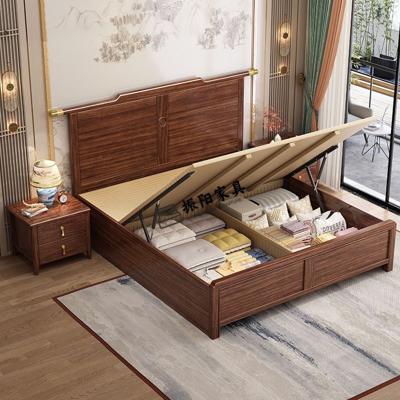 新中式乌金木实木床官帽款主卧大床双人带抽屉收纳气压储物高箱床