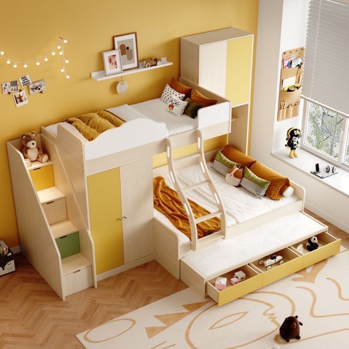 儿童床平行交错式上下床带书桌衣柜一体多功能高低床上下铺双层床