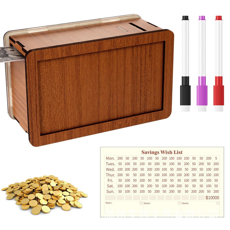 跨境热卖Money Box with Counter木质透明存钱罐零钱收纳储蓄盒