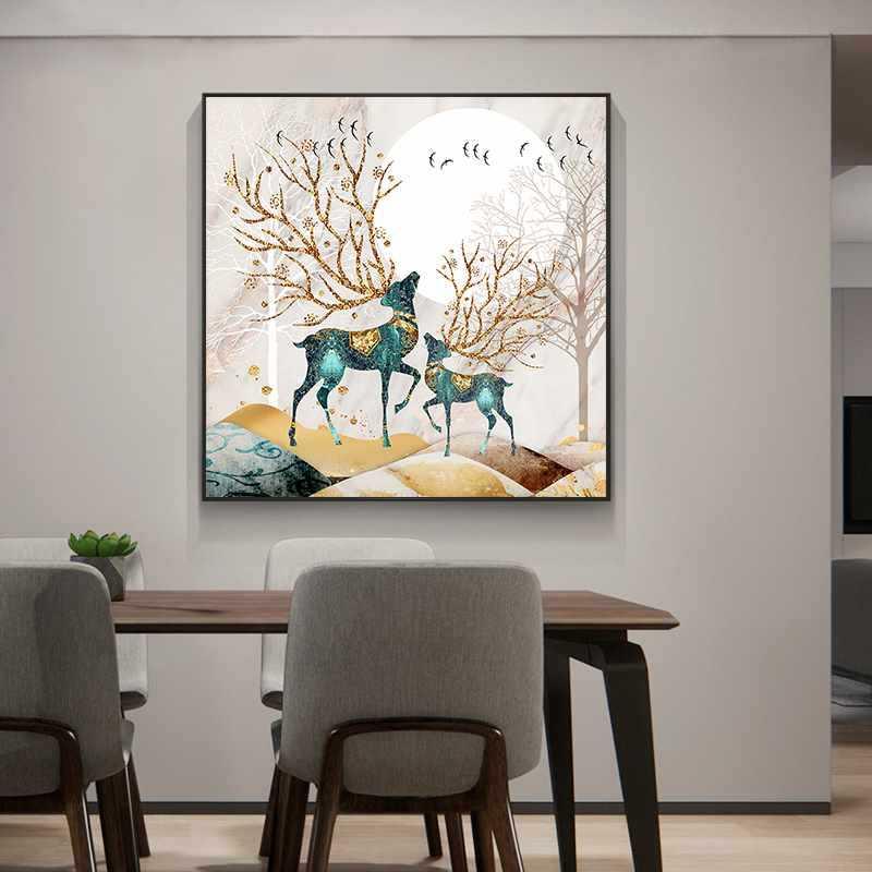 轻奢客厅装饰画单幅现代简约餐厅挂画方的进门玄关墙面壁画鹿